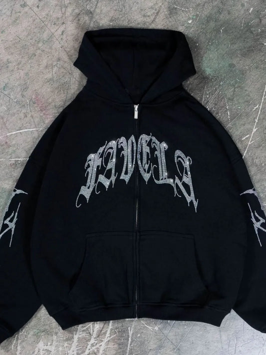 Men's Rhinestone Letter Zip Up Long Sleeve Hoodie