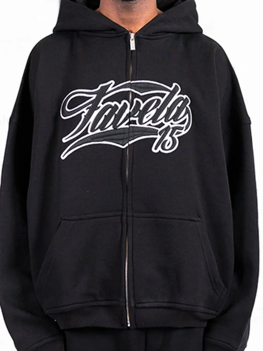 Men's Letter Embroidered Zip Up Long Sleeve Hoodie
